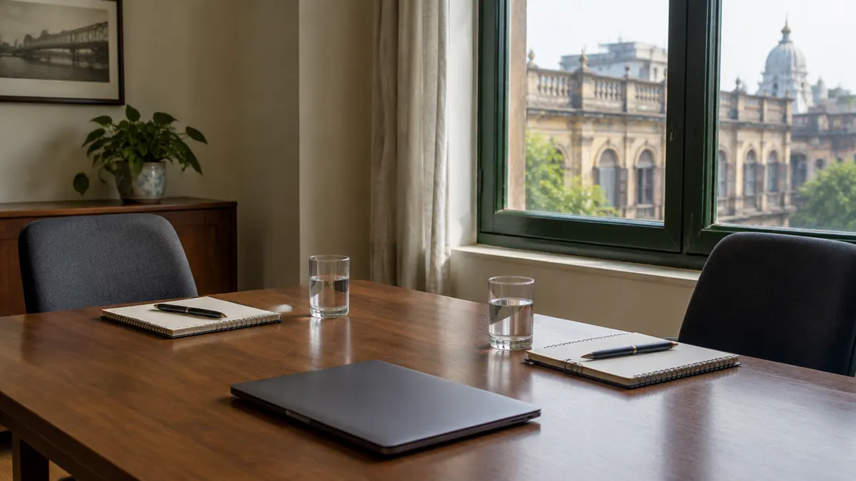 An empty meeting table with notebooks, pens and water glasses beside a window