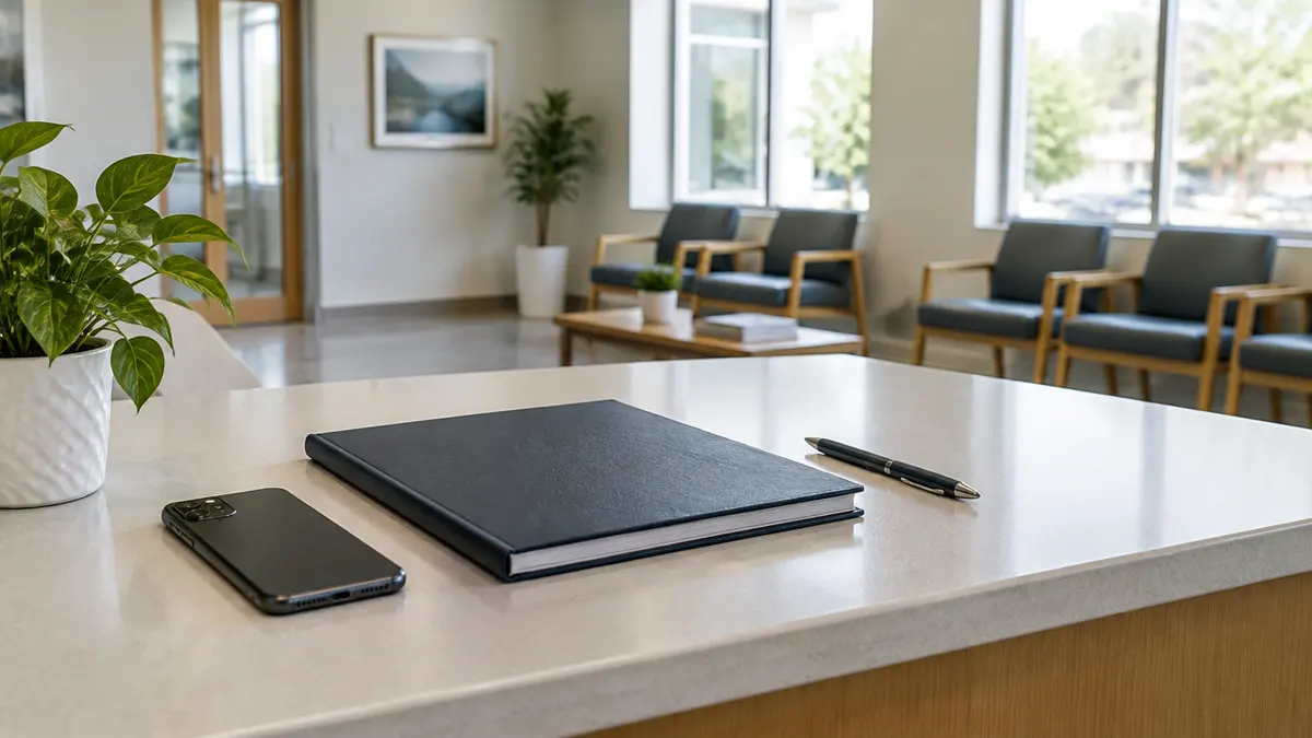 A clinic reception desk with a smartphone and a closed appointment register, with empty waiting-room chairs behind