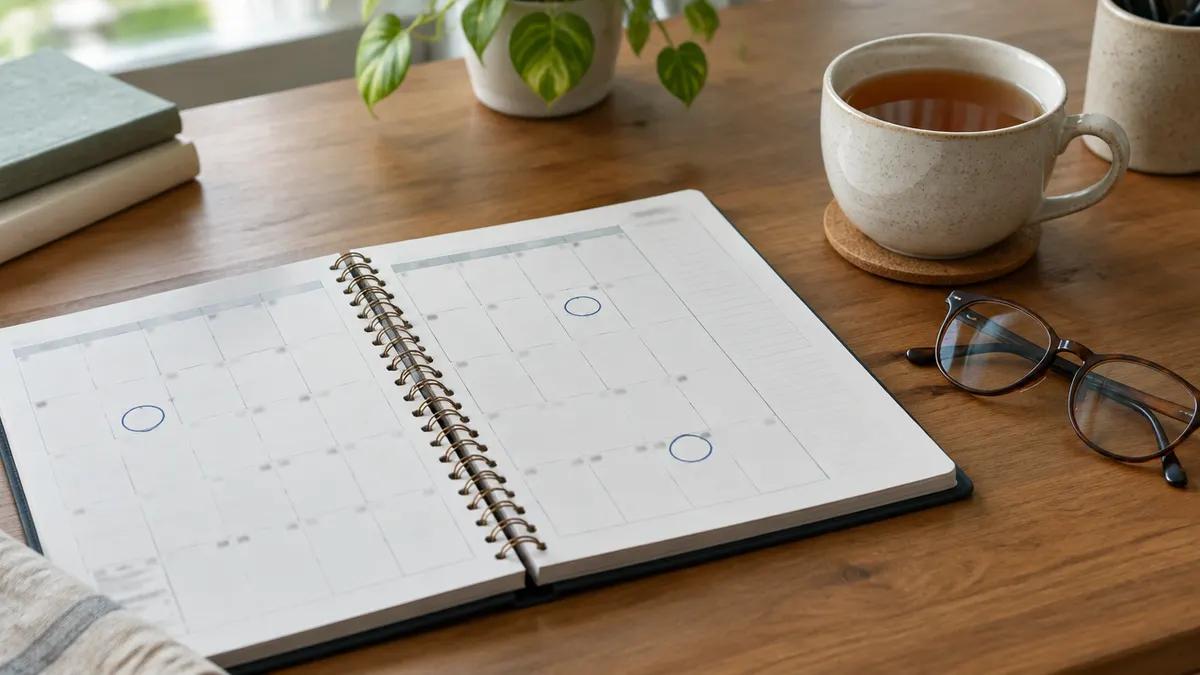 Desk planner with circled dates, a cup of tea and reading glasses on a wooden desk