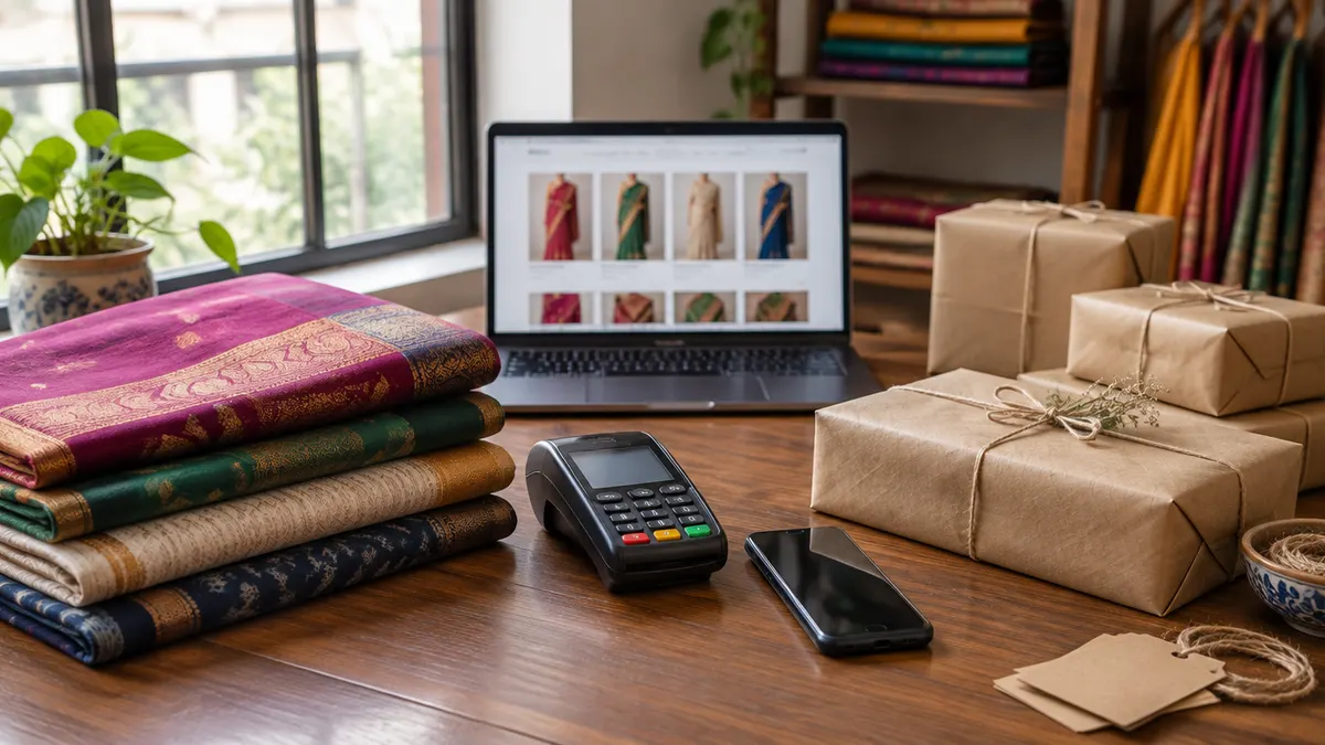 Packing table in a small boutique with folded sarees, wrapped parcels, a payment terminal and a laptop