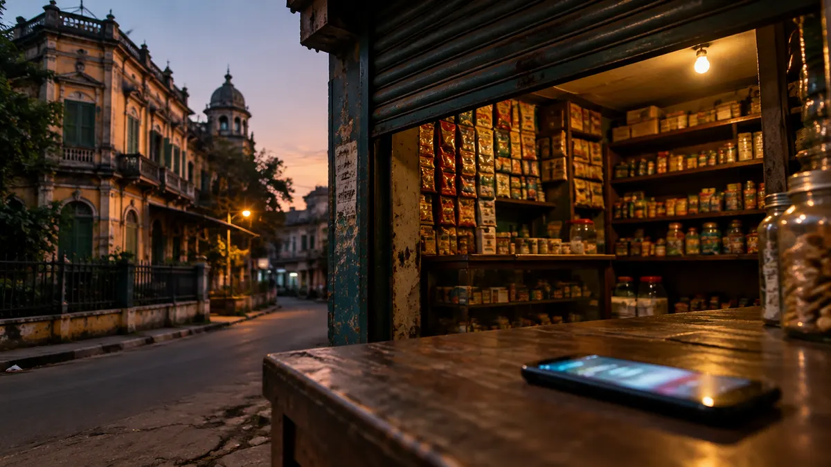 Smartphone on the counter of a small Kolkata shop at dusk, with warm light inside