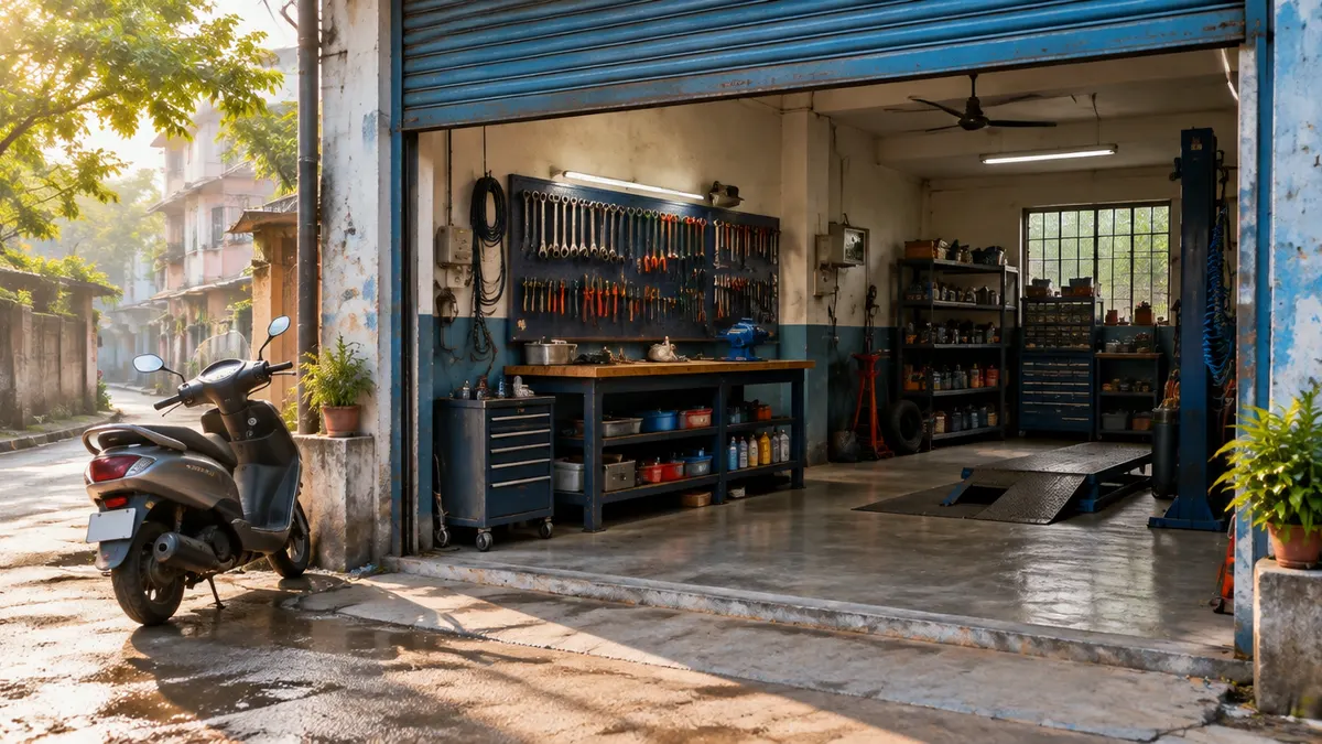 A small workshop with tools on a workbench and a scooter outside in morning light