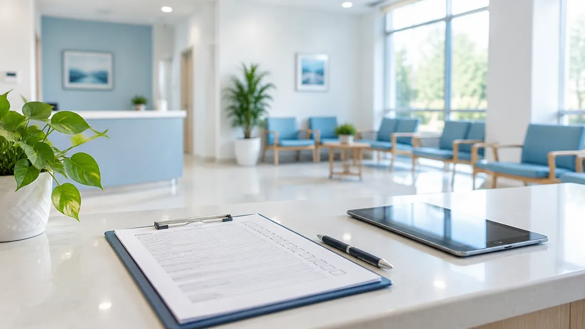Empty clinic reception desk with a clipboard checklist and a tablet