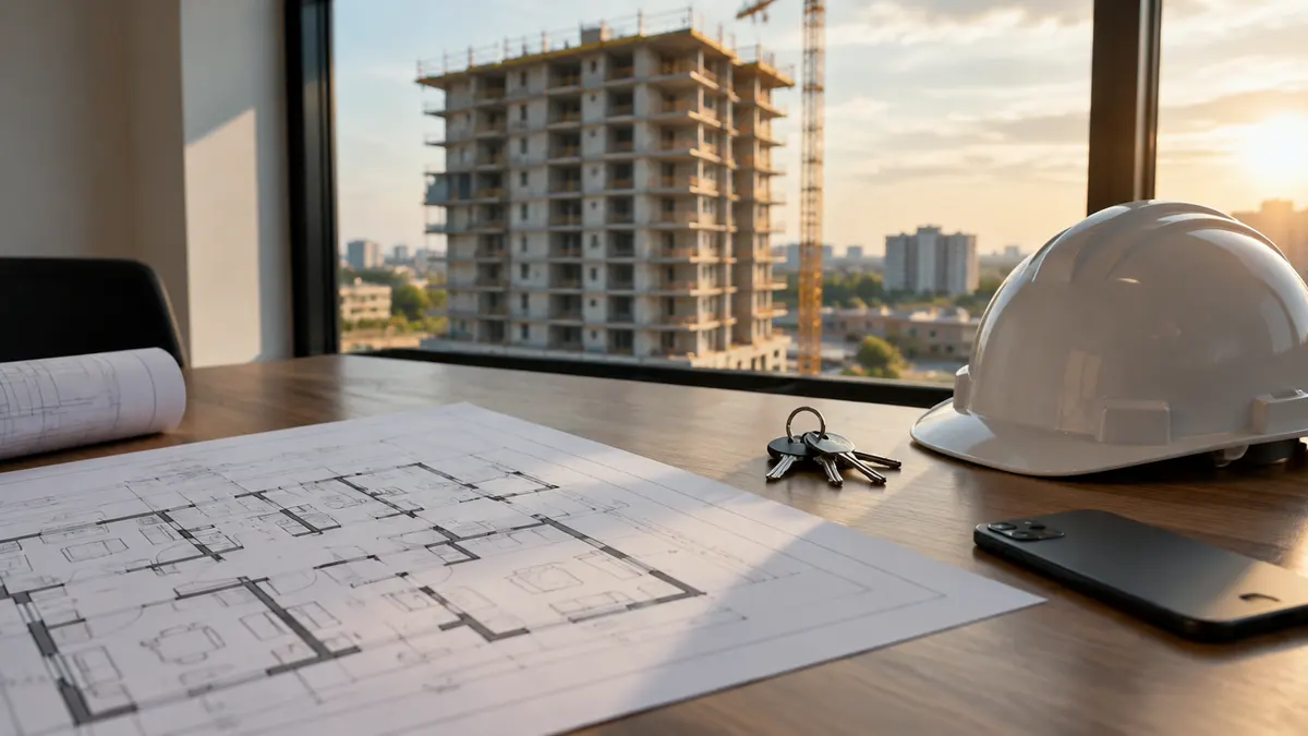 A site office table with a floor plan, keys, a smartphone and a hard hat, with a residential tower under construction outside the window