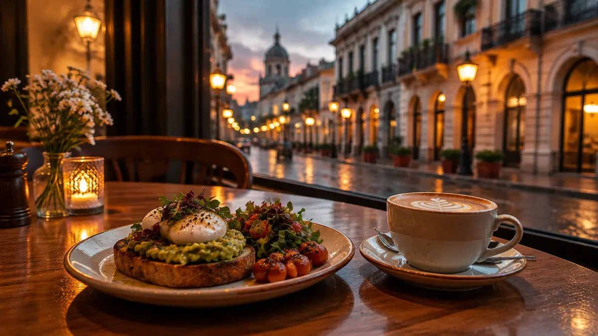 A plate of food and a cup of coffee on a café table by a window at night, with old street buildings blurred outside