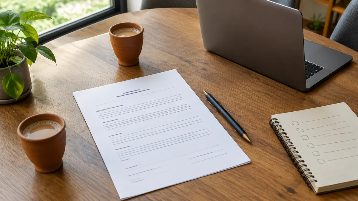 Meeting table with a printed contract, notebook checklist, laptop and two clay cups of tea