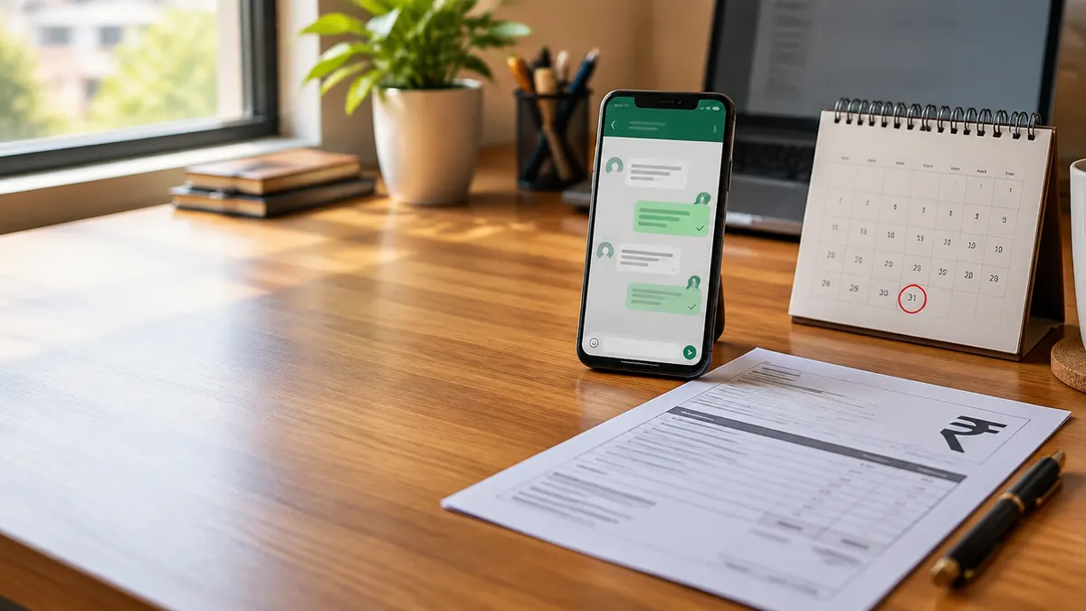 Smartphone with a WhatsApp business chat next to an Indian rupee invoice and a calendar