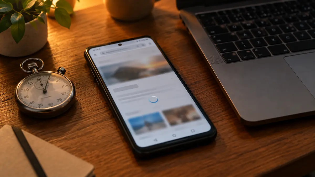 Smartphone showing a partly loaded web page next to a laptop and a stopwatch on a wooden table